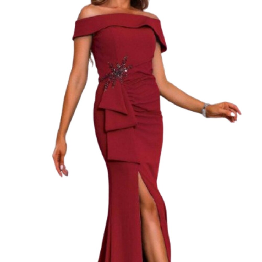 NWT Terani Couture 251M4444 Stretch Crepe Formal Gowns Wine Size 12